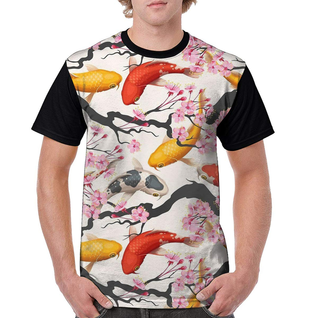 Koi Carp with Sakura Plant Mens 3D Print hort Sleeve Graphic Summer Black T shirt